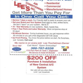 LEE'S AIR CONDITIONING - 1712 Fern Palm Dr, Edgewater, FL - Services - Yelp